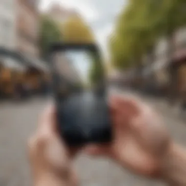 Smartphone in Everyday Use A person engaging with a smartphone in a lively outdoor setting, highlighting its usability.