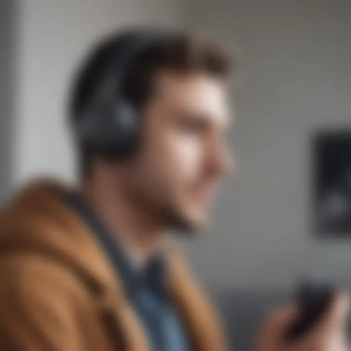 User interacting with Bluetooth headphones emphasizing usability.