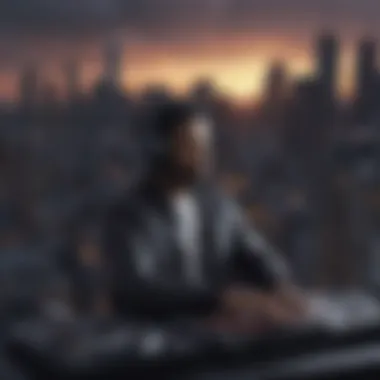 DJ silhouette against a dynamic cityscape backdrop