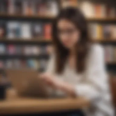 Elegant woman browsing Kindle store on laptop