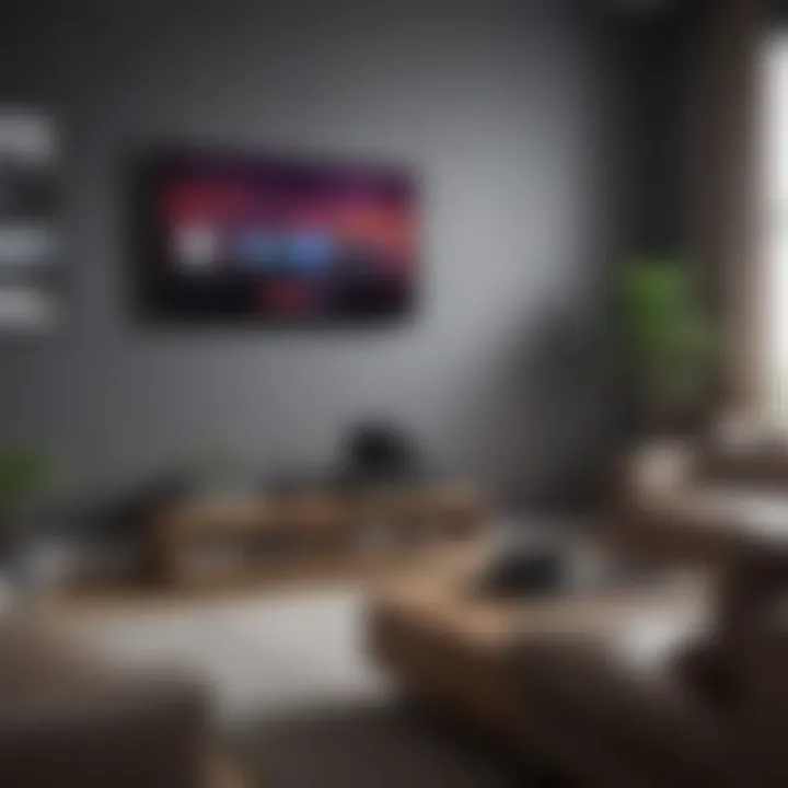 Elevated view of a stylish living room with a Roku device on the TV stand