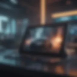 Sleek gaming tablet on futuristic tech background