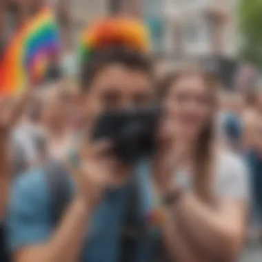 Documentary film camera capturing LGBTQ+ pride parade