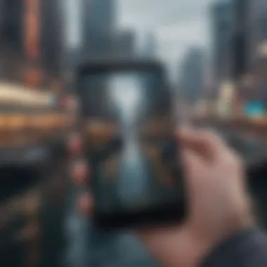 Phone Gaming App with Fishing Elements Overlaying Cityscape