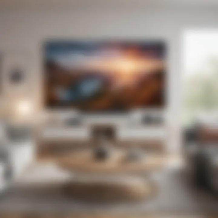 A cozy living room setting with a smart TV playing music streaming content.