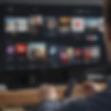 A close-up of a user navigating a music app on a smart TV remote.