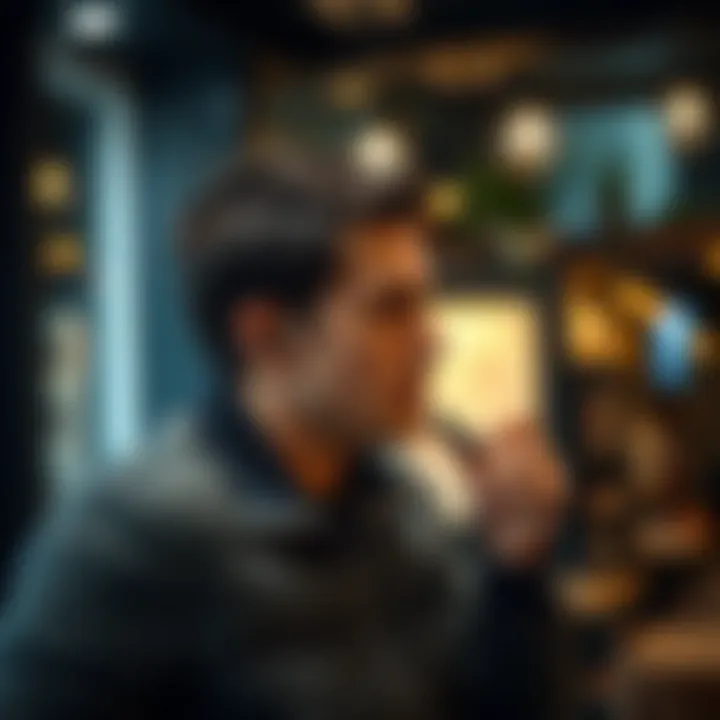 User testing wireless earbuds in a cafe environment