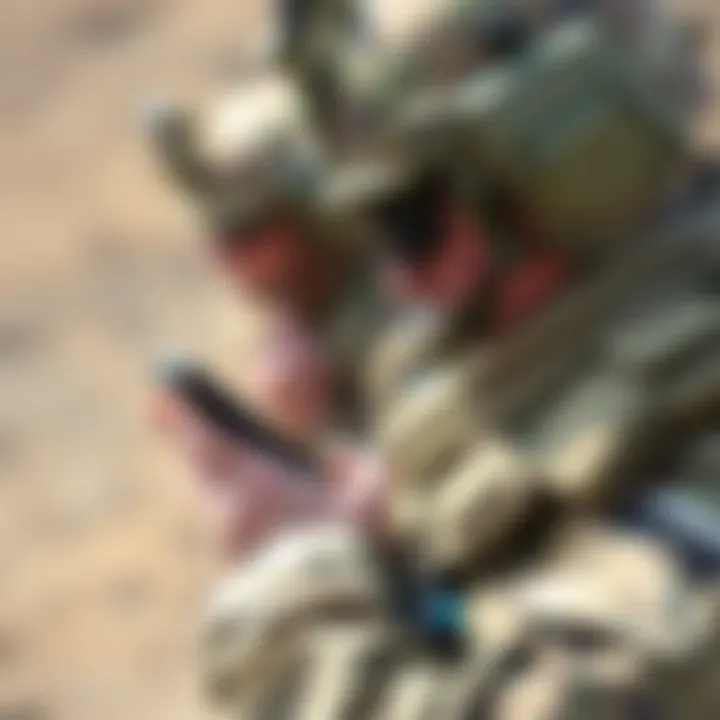 Military personnel using a flip phone in the field