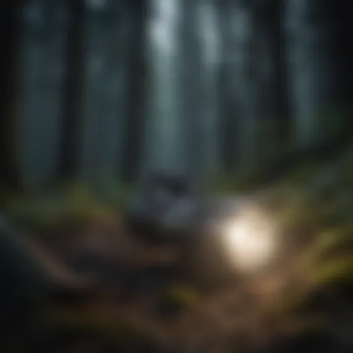 Illuminated flashlight in a dark forest