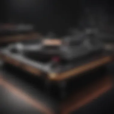 Illuminated DJ turntable in a dark room