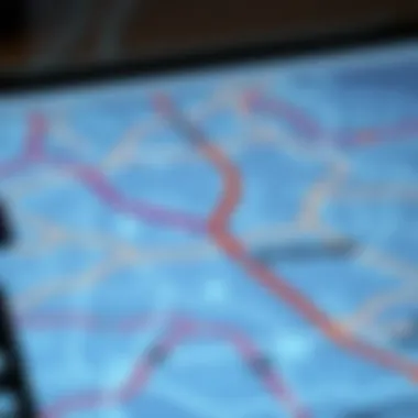 A detailed digital map highlighting multiple routes