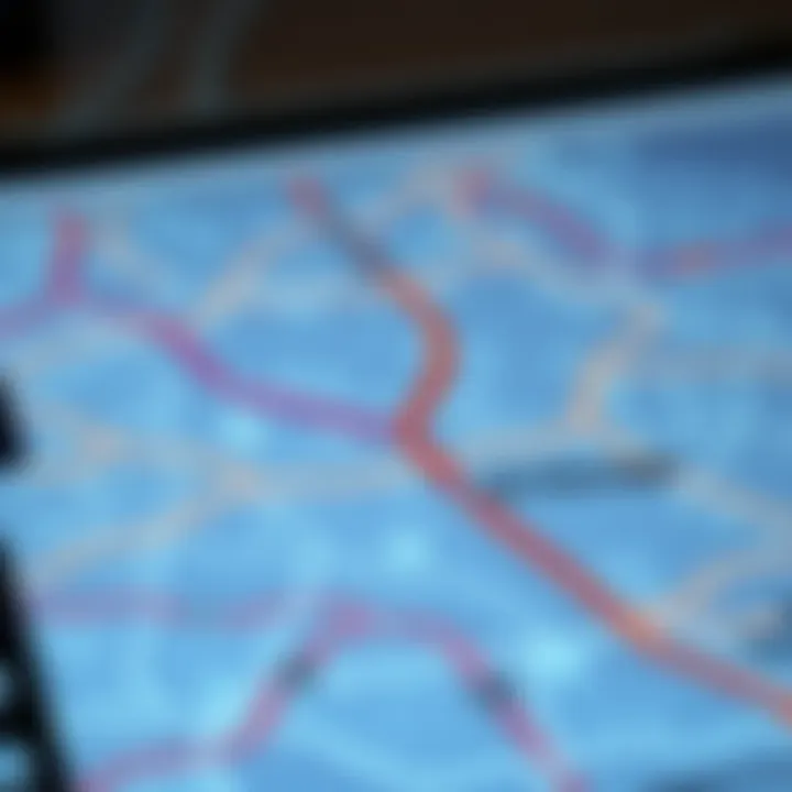 A detailed digital map highlighting multiple routes