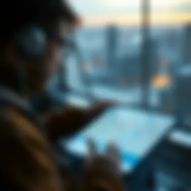 A traveler using a tablet to plan their route