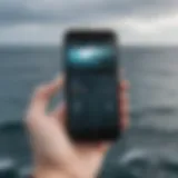 A smartphone displaying ocean forecast data with marine imagery in the background.