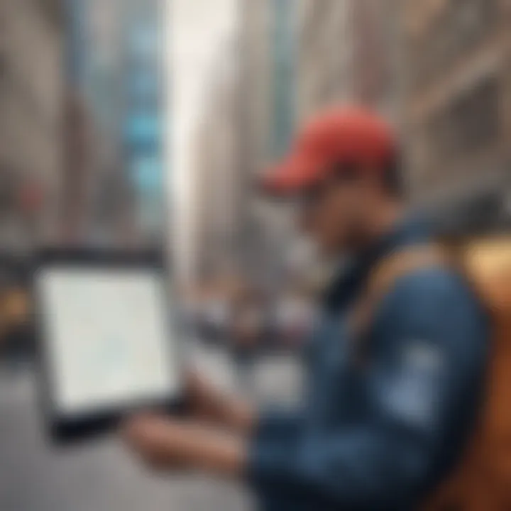 A courier navigating through a city with a digital map app on display