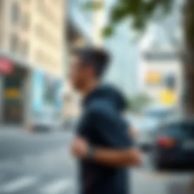 A runner using bone conduction headphones in an urban setting, showcasing safety and awareness.
