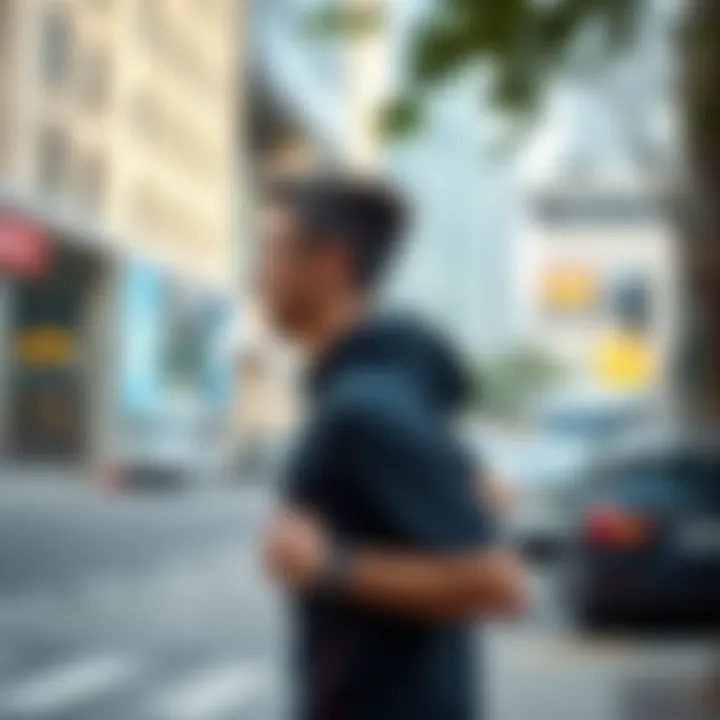 A runner using bone conduction headphones in an urban setting, showcasing safety and awareness.