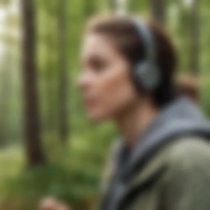 User enjoying music with earbuds in a serene outdoor environment