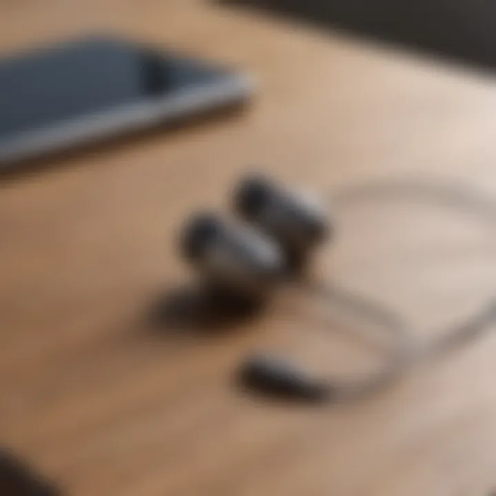 Earbuds placed on a stylish wooden table with a modern aesthetic