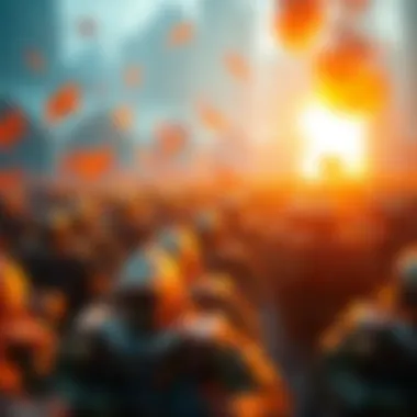 Virtual Army Mobilization A vibrant scene of a virtual army preparing for battle in a mobile game environment.