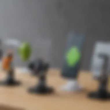 Variety of Android phone holders displayed on a table