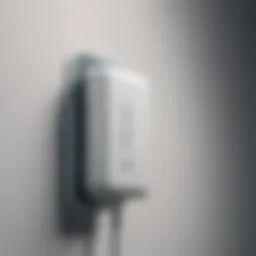 Close-up of a fast charger wall plug with energy flow illustration